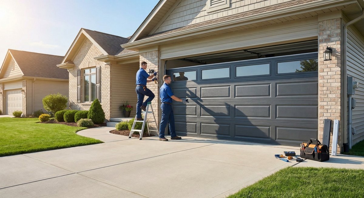 Technician on a ladder working on the curved track at the top of a garage door