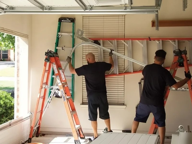 Two technicians on stepladders working at the top of a garage door beside a window