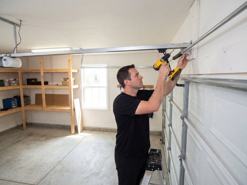 Technician in black using a drill on opener hardware beside the door track, with shelving behind