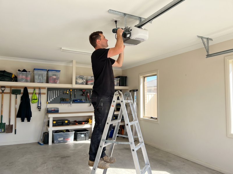 Technician on a stepladder mounting an opener rail to the garage ceiling
