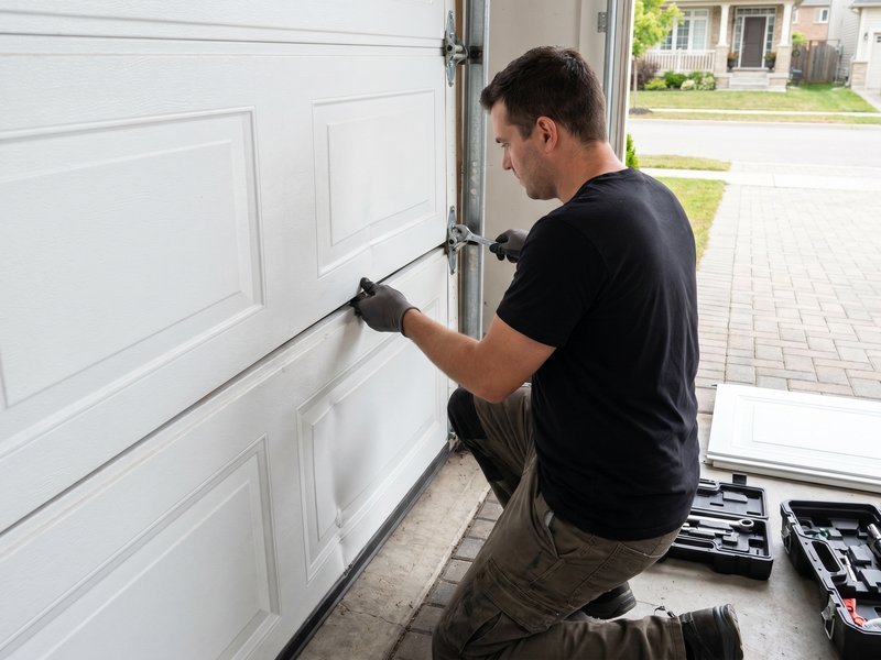 Technician in black kneeling beside a white door panel with a toolbox on the garage floor