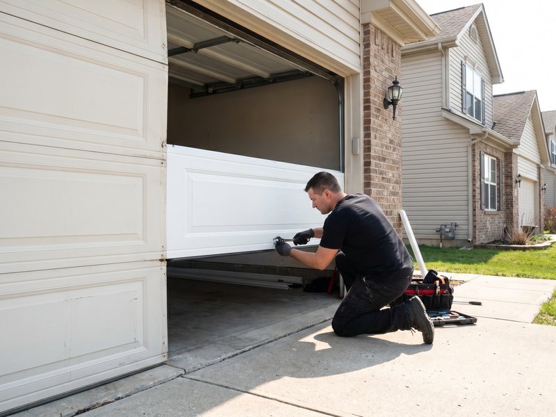 Technician kneeling at the bottom section of a white garage door with a tool bag on the driveway