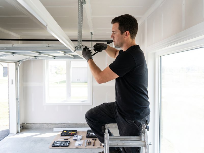 Technician crouched beside the track next to a window with tools on the floor