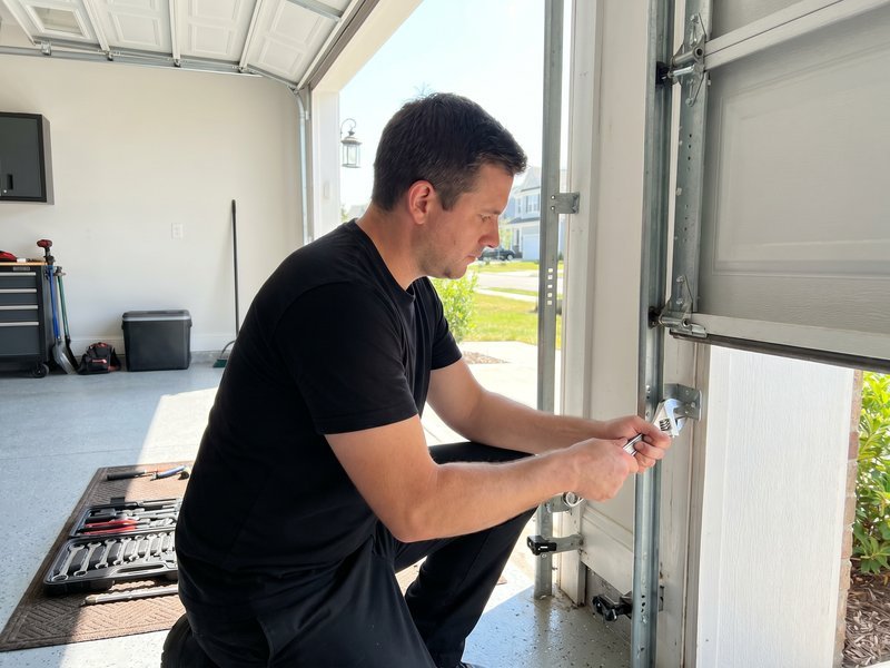 Technician crouched at the vertical track beside the door jamb, adjusting a bracket