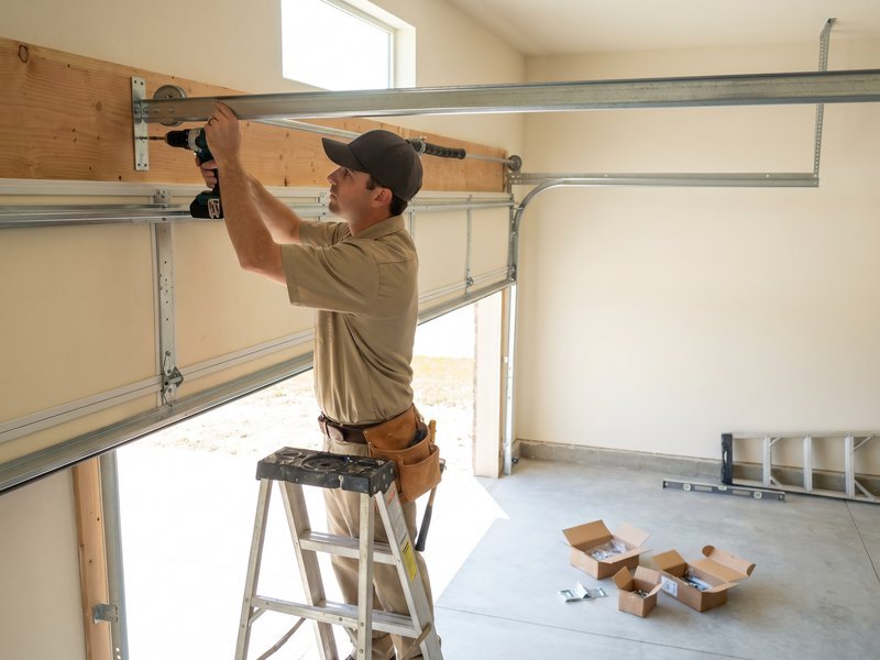 Technician on a ladder at the header of a new door with boxes of parts on the concrete floor