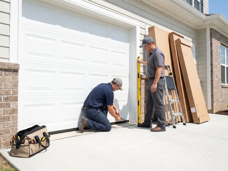 Two workers at a new white two-car garage door on a brick home, with wood trim stacked beside it