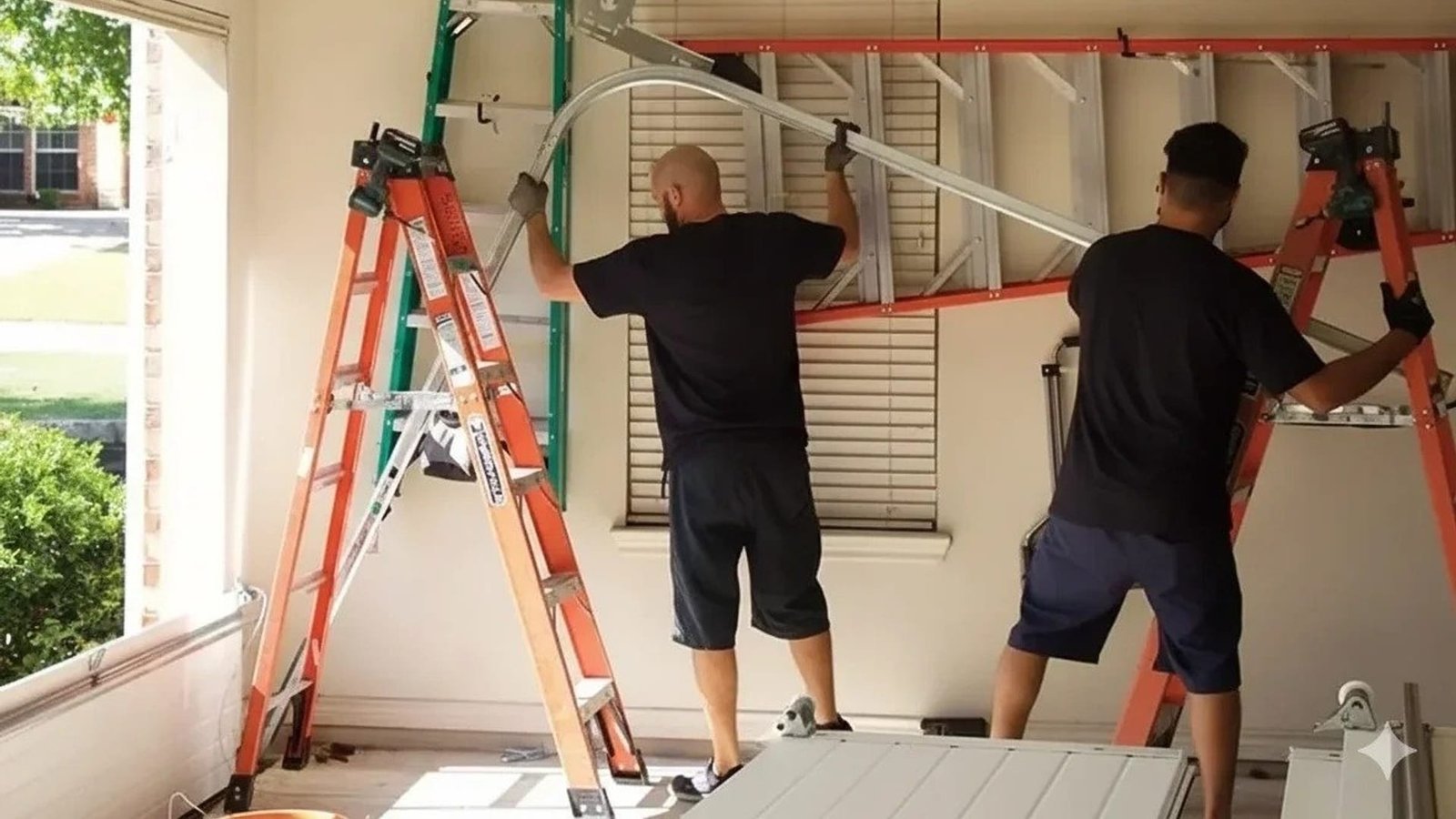 Two technicians on orange stepladders working at the top of a garage door beside a window